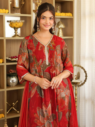 Maroon Floral Chanderi A-Line Kurta Set with Pocket