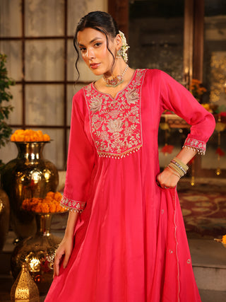 Pink Embroidered Anarkali Kurta Set with Pocket