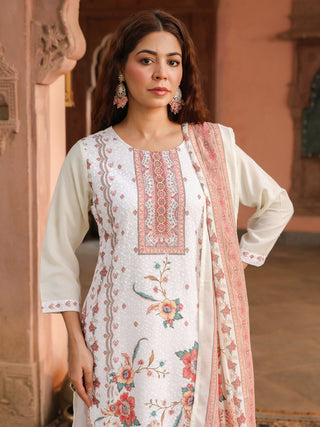 Peach Floral Print 3-Piece Straight Kurta Set