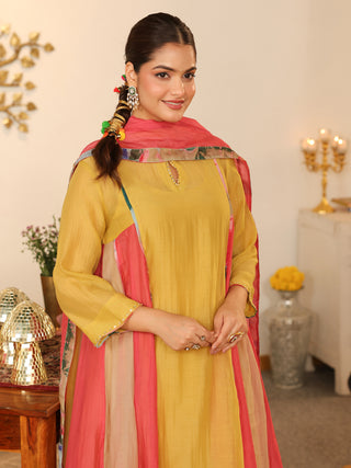 Yellow Beaded Chanderi Anarkali Kurta Set with Pocket