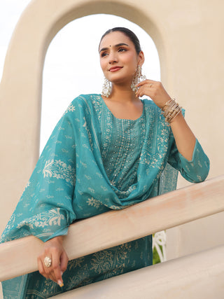 Teal Ethnic Motif Print 3-Piece Straight Kurta Set