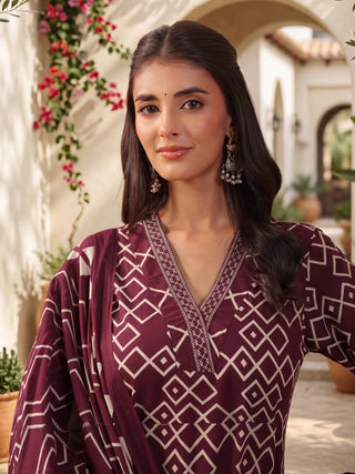 Wine Geometric Print Embroidered 3-Piece Straight Kurta Set