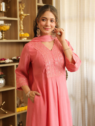 Light Pink Flared A Line Kurta Set with Pocket