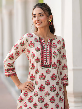 Beige Ethnic Motif Print Lace Kurta