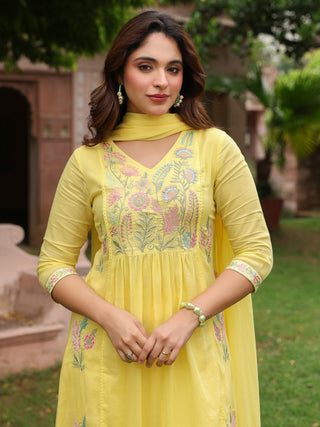 Yellow Floral Embroidered 3-Piece Anarkali Kurta Set