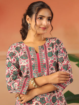 Green Floral Print Cotton Straight Kurta
