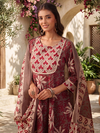 Grey Ethnic Motif Print Fit & Flare 3-Piece Anarkali Kurta Set