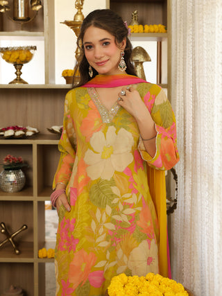Lime Yellow Floral Print Straight Kurta Set with Pocket