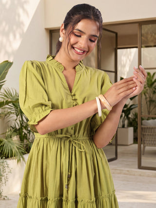 Olive Green Solid Flared Midi Dress with V-Neck Mandarin Collar