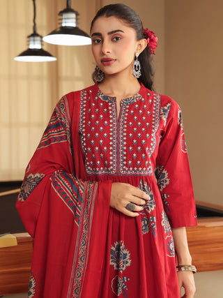 Women Ethnic Motifs Printed Regular Thread Work Pure Cotton Kurta with Trousers & With Dupatta (Copy)