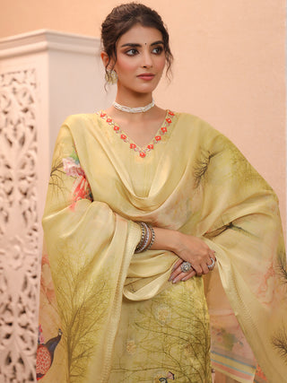 Peacock Printed Thread Work Chanderi Cotton Kurta With Trousers & Dupatta