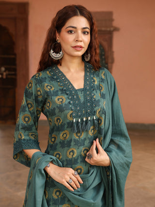 Teal Floral Print 3-Piece Straight Kurta Set