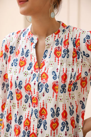 Floral Print Mandarin Collar Cotton Top