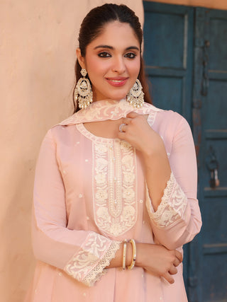 Peach Embroidered Lace 3-Piece Anarkali Kurta Set