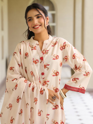 Off White Ethnic Motif Print Lace 3-Piece A-Line Kurta Set
