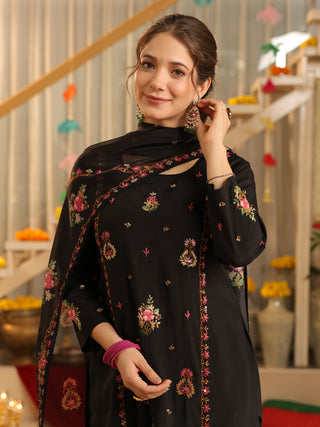 Black Embroidered Poly Silk Straight Kurta Set