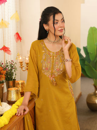 Green Embroidered Cotton A-Line Kurta Set