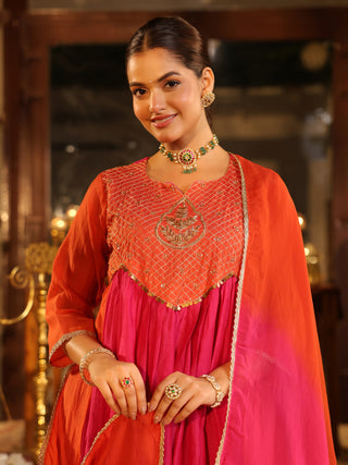 Pink Orange Embroidered Anarkali Kurta Set with Pocket