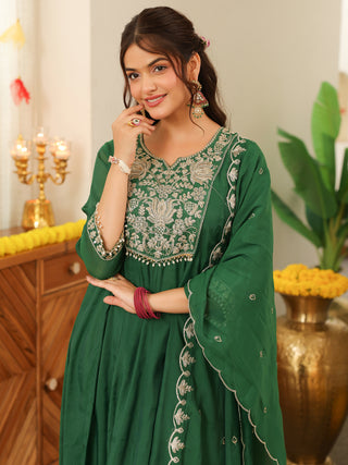 Green Embroidered Anarkali Kurta Set with Pocket
