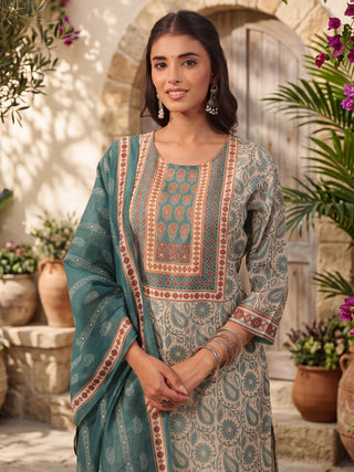 Cream Floral Print 3-Piece Kurta Set