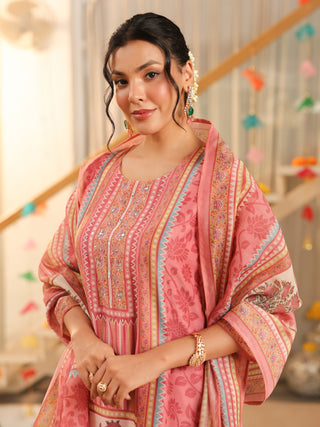 Pink Panel Print Straight Kurta Set with Pant Pocket