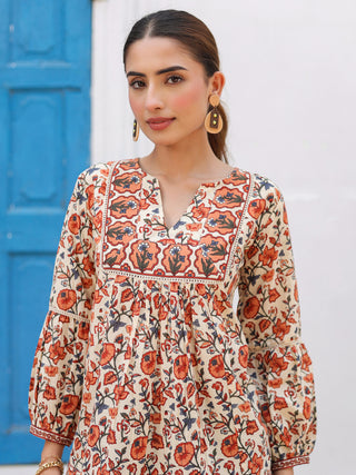 Orange Ethnic Motif Print Lace Top
