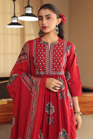 Women Ethnic Motifs Printed Regular Thread Work Pure Cotton Kurta with Trousers & With Dupatta