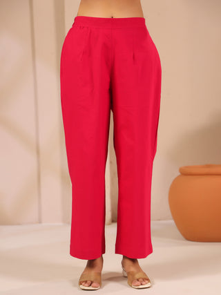 Pink Solid Cotton Trousers with Pockets
