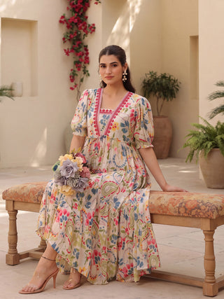 White Paisley Print Rayon Crepe Tiered Dress