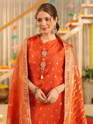Orange Ethnic Motif Print Rayon Straight Kurta Set With Pant Pocket