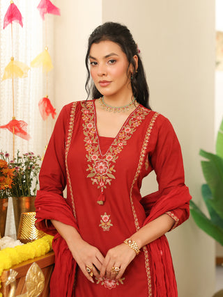 Deep Red Floral Embroidered Cotton Straight Kurta Set