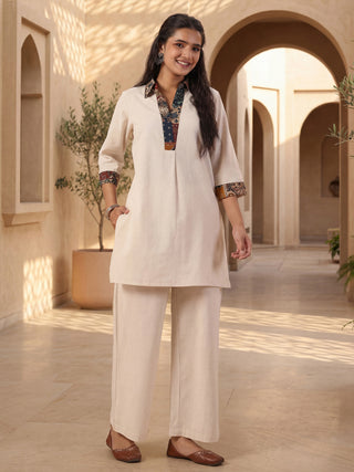 Womens Pure Cotton Floral Printed Shirt Collar Solid Tunic with Trousers