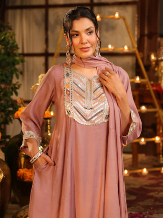 Mauve Embroidered Chanderi A-Line Kurta Set with Pocket