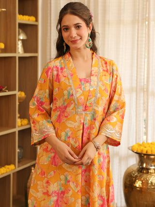 Mustard Floral Print Rayon A-Line Kurta Set with Pocket