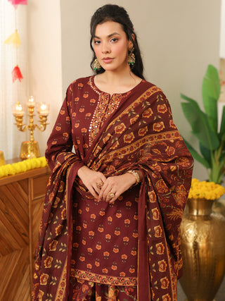 Brown Floral Print Cotton Straight Kurta Set
