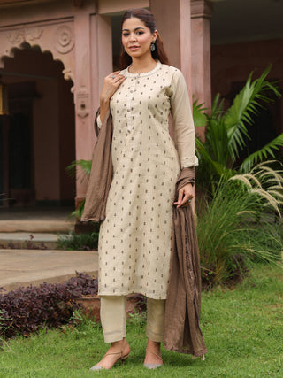 Beige Embroidered 3-Piece Straight Kurta Set