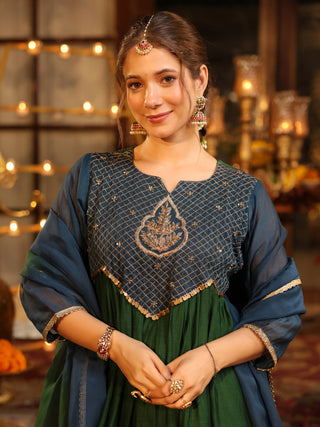 Bottle Green Embroidered Anarkali Kurta Set with Pocket