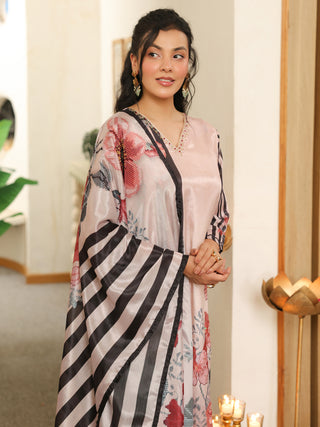 Peach Panel Print Chanderi Straight Kurta Set