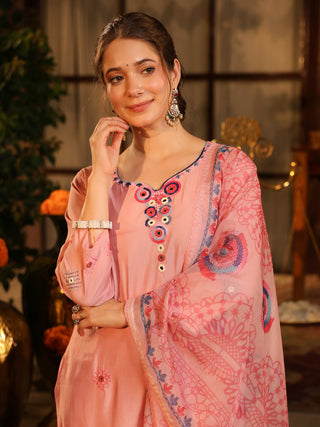 Light Pink Embroidered Chanderi Straight Kurta Set With Pant Pocket