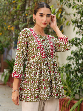 Green Ethnic Motif Print Peplum Top