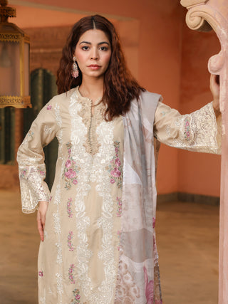 Beige Floral Embroidered 3-Piece Straight Kurta Set