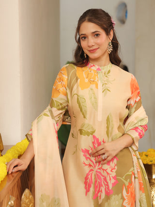 Cream Floral Straight Kurta Set with Pant Pocket
