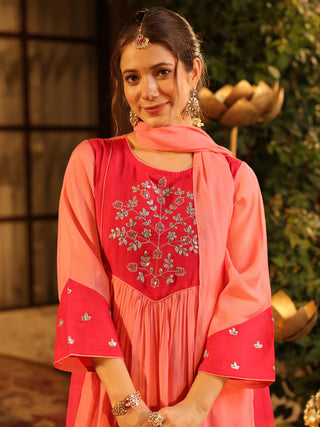 Pink Embroidered Yoke A-Line Kurta Set with Pocket