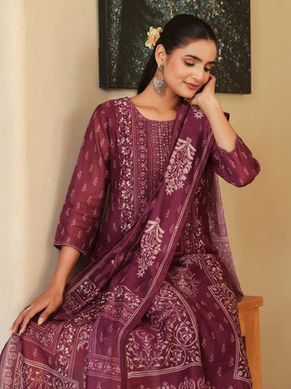 Wine Ethnic Motif Print 3-Piece Straight Kurta Set
