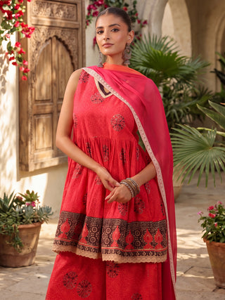 Women Ethnic Motifs Printed Empire Pure Cotton Kurta with Sharara & With Dupatta