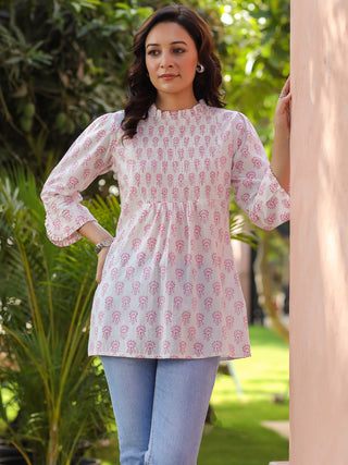 White Ethnic Motif Print Ruffle Top