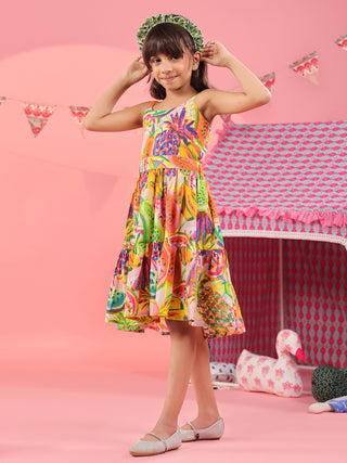 Girls Tropical Printed Sleeveless Cotton Fit and Flare Dress