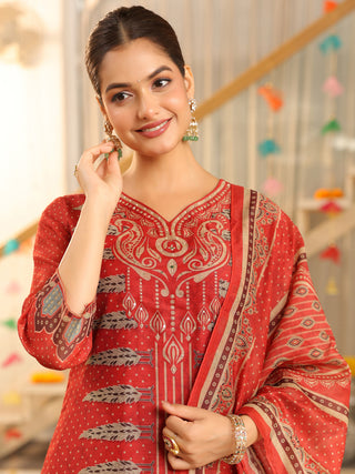 Red Panel Print Straight Kurta Set with Pant Pocket