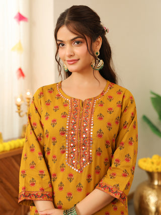 Mustard Yellow Floral Print Cotton Straight Kurta Set