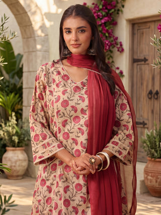 Beige Ethnic Motif Print Lace 3-Piece Kurta Set
